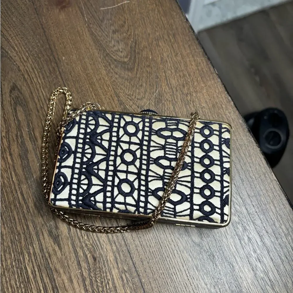 Tory Burch Navy Blue Gold Crochet Chain Evening Purse Clutch